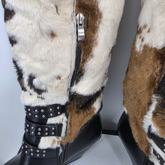 AZALEA WANG Gwayne Cow Print Knee High Fringed Western Boot Buckles 7-11 NWT - Picture 15 of 15